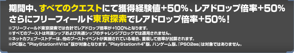 期間中、すべてのクエストにて獲得経験値+50％、レアドロップ倍率+50％ さらにフリーフィールド東京探索でレアドロップ倍率+5※フリーフィールド東京探索では合計でレアドロップ倍率が＋１００％となります